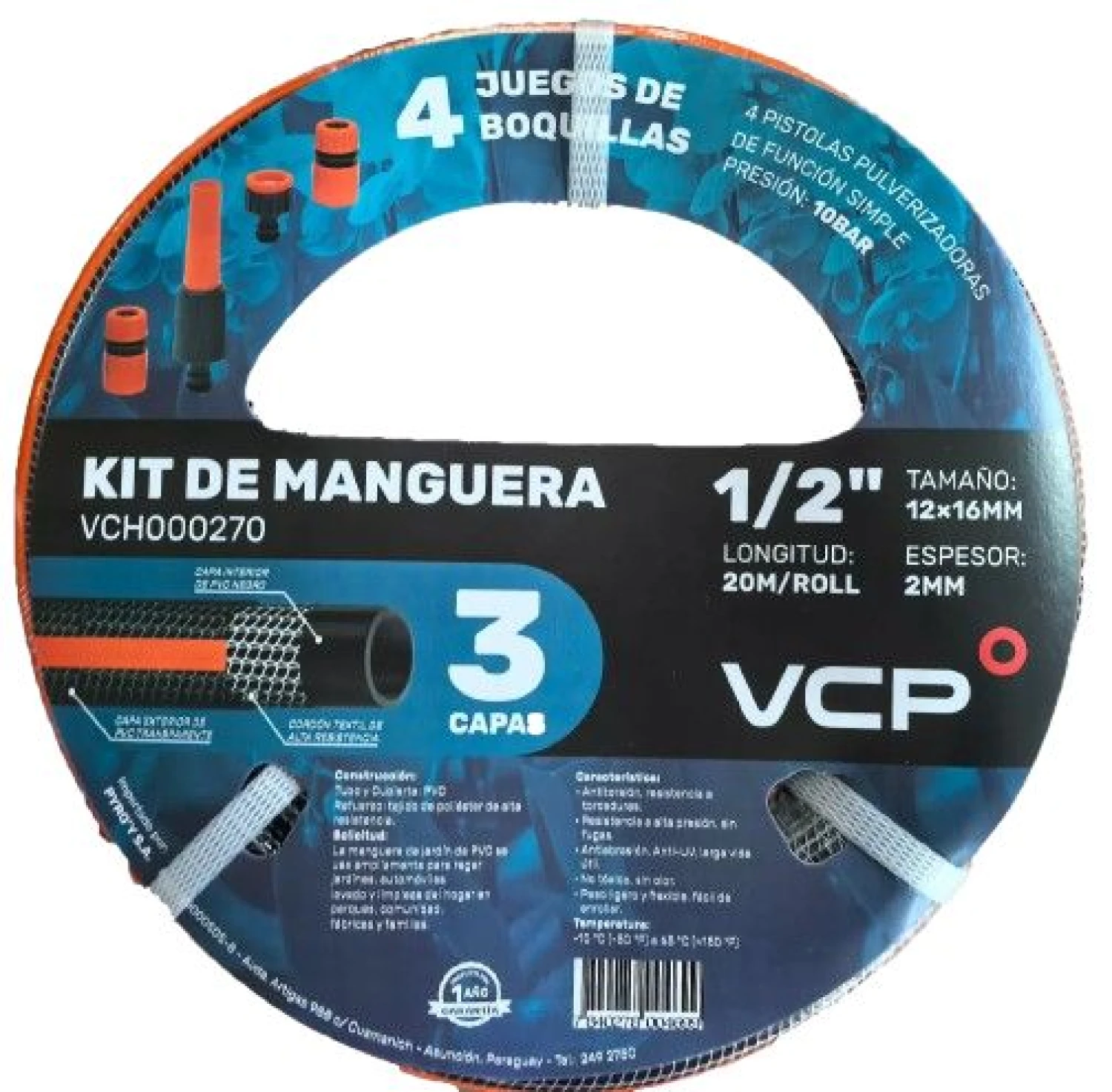KIT MANGUERA 1/2" 20M C/ JUEGO DE PICOS VCP